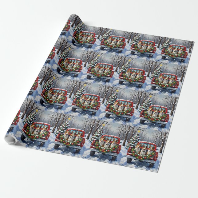 Australian Kelpie Christmas Red Truck Holiday Presentpapper (Utrullad)