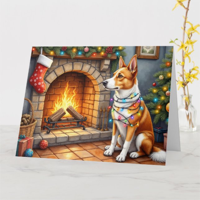 Australian Kelpie Fireplace with Christmas Lights Kort (Gul blomma)