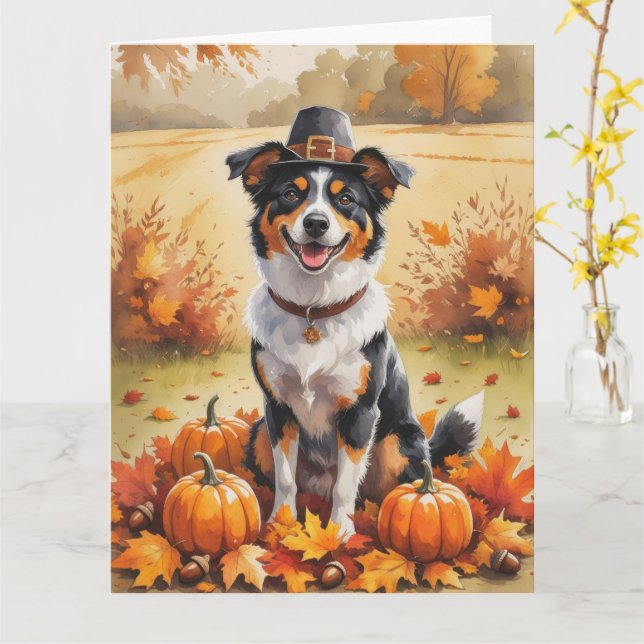 Australian Kelpie Höst löv Thanksgiving Art Kort (Gul blomma)