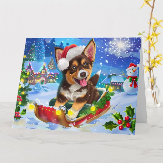Australian Kelpie Hund i Sleigh Snö jul Kort (Gul blomma)