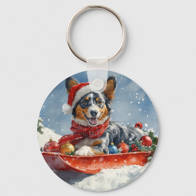 Australian Kelpie i släde Låt det snöa jul Nyckelring (Framsida)
