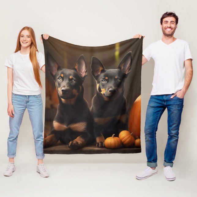 Australian Kelpie Puppy Autumn Delight Pumpkin Fleecefilt (På plats)
