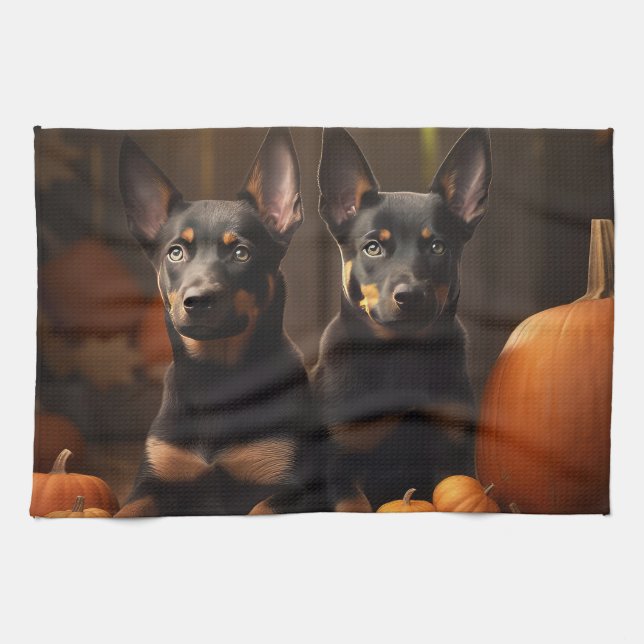 Australian Kelpie Puppy Autumn Delight Pumpkin Kökshandduk (Horisontell)
