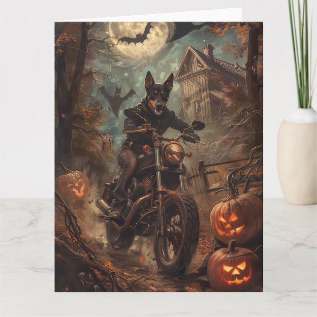 Australian Kelpie Riding Motorcycle Halloween Kort (Framsida)