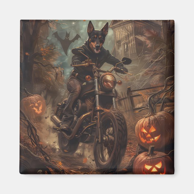 Australian Kelpie Riding Motorcycle Halloween Magnet (Framsidan)