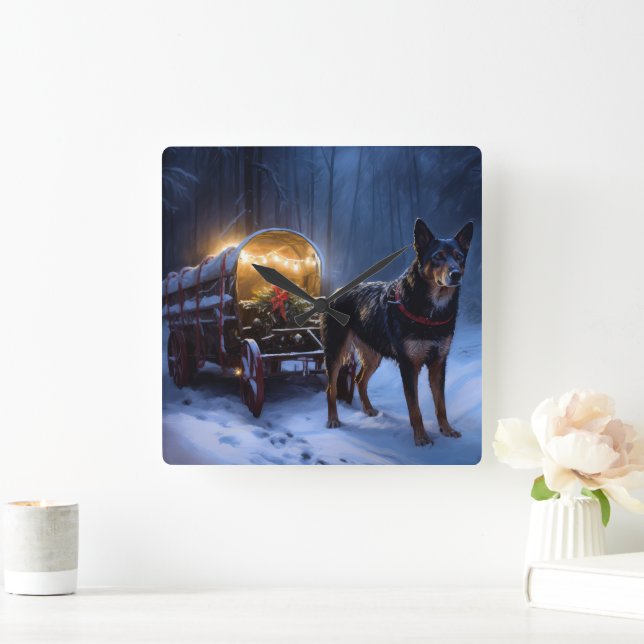 Australian Kelpie Snowy Sleigh juldeeller Fyrkantig Klocka (Hem)