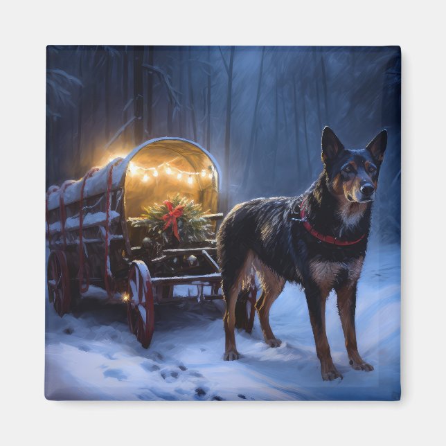 Australian Kelpie Snowy Sleigh juldeeller Magnet (Framsidan)