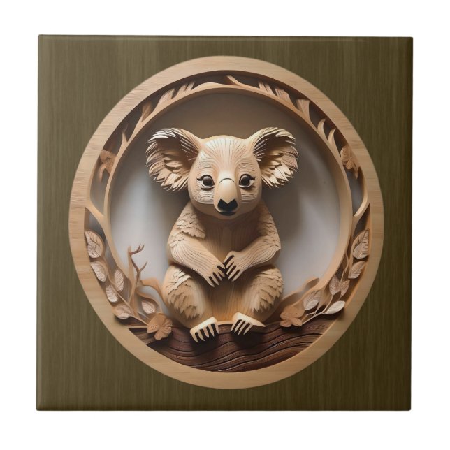 Australian Koala Bear Wood Carving, Ceramic Tile Kakelplatta (Framsidan)