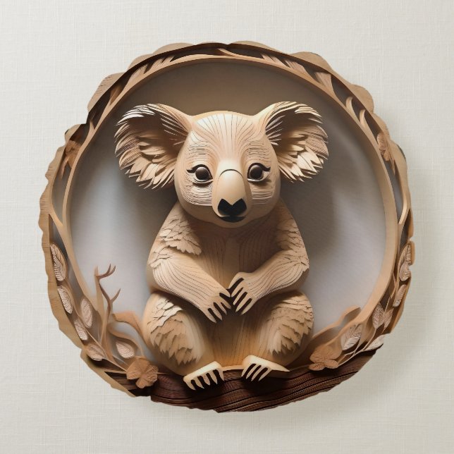 Australian Koala Bear Wood Carving Rund Kudde (Framsidan)