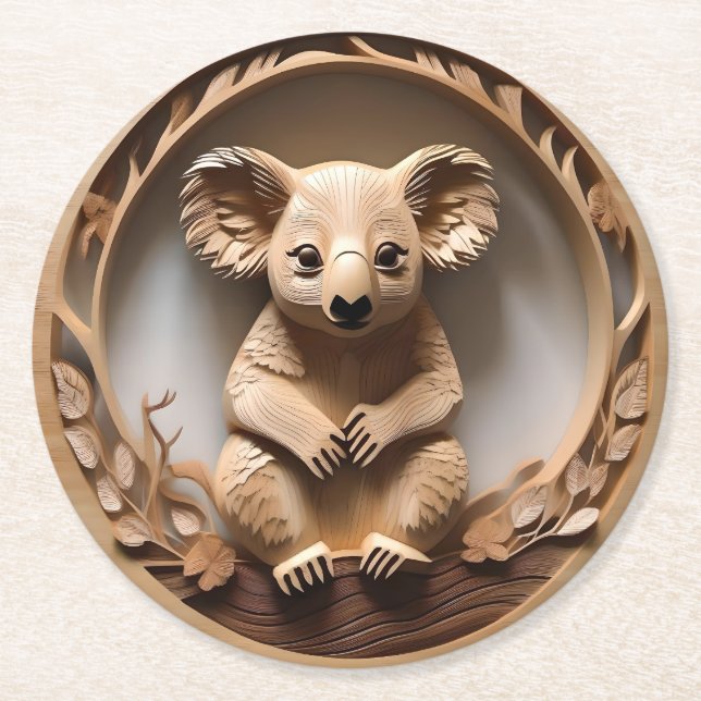 Australian Koala Bear Wood Carving Underlägg Papper Rund (Framsidan)