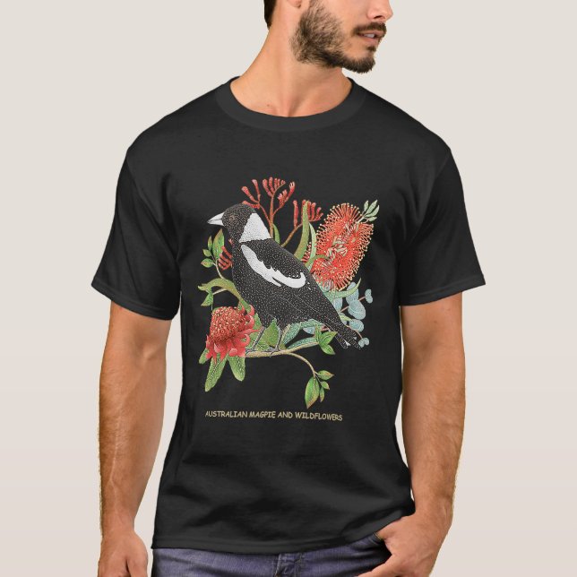 Australian Magpie och Wildblommor T Shirt (Framsida)