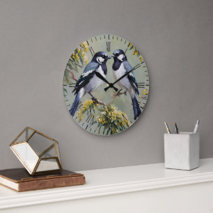 Australian Magpies in Wattle Träd Oil Paint Stor Klocka