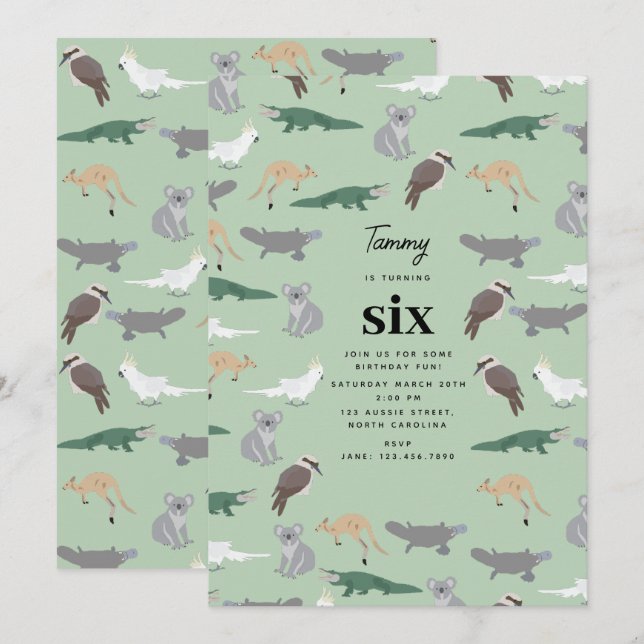 Australian Native Animals Eucalyptus Birthday Inbjudningar (Fram/baksida)