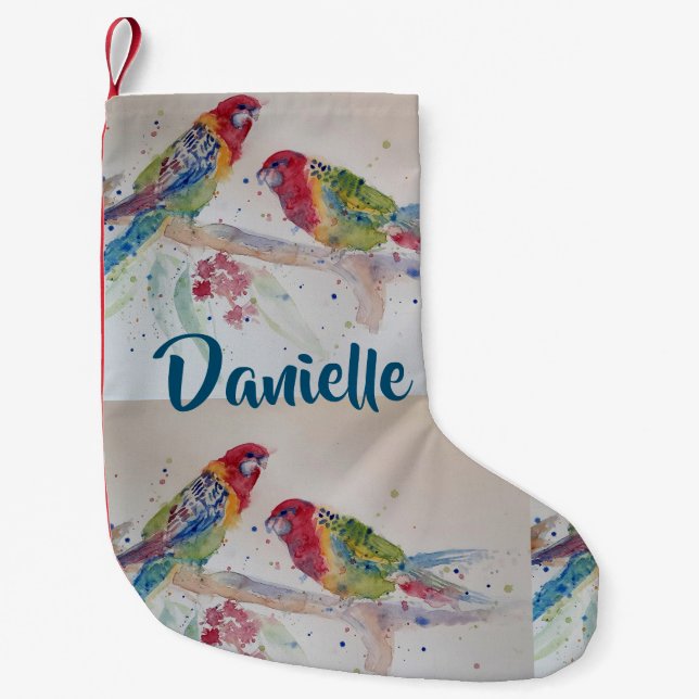Australian Rosella Parrot Watercolor Namn Stocking Liten Julstrumpa (Framsidan)