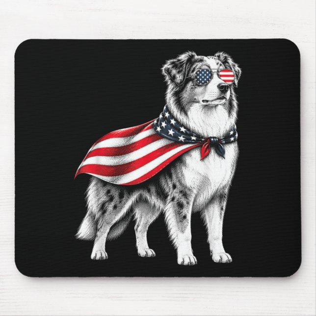 Australian Shepherd 4:e Juli Amerikansk Flagga Musmatta (Framsidan)