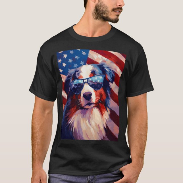 Australian shepherd 4:e juli Amerikanska flagga T Shirt (Framsida)