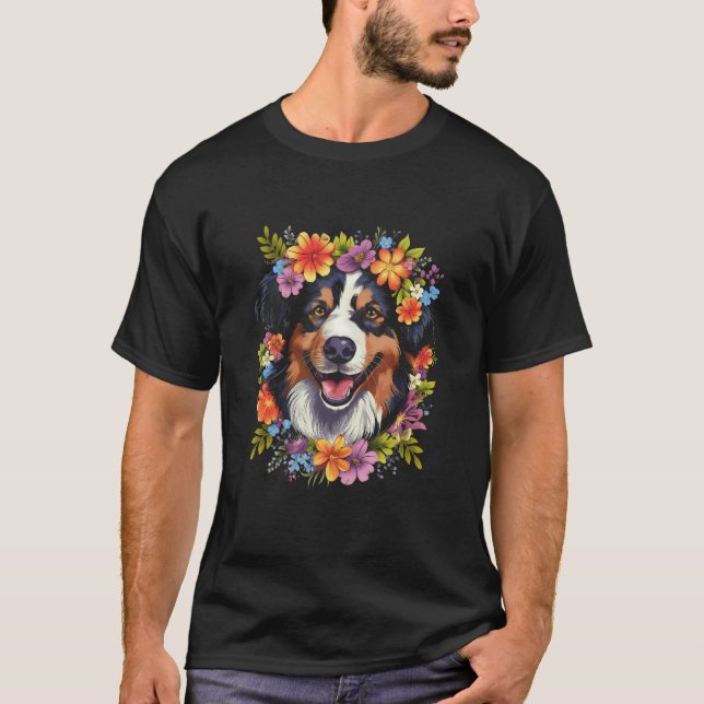 Australian Shepherd Aussie with Flower Crown Retro T Shirt (Framsida)