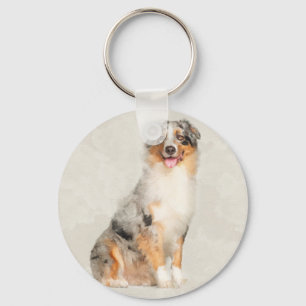 Australian shepherd - blå vattenfärg i Merle Nyckelring