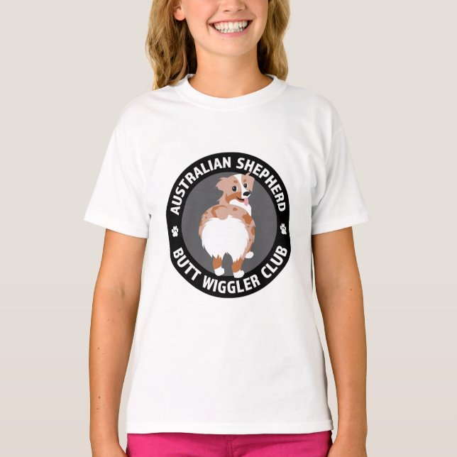 australian shepherd Butt Wigglers Klubb - Red Merl T Shirt (Framsida)