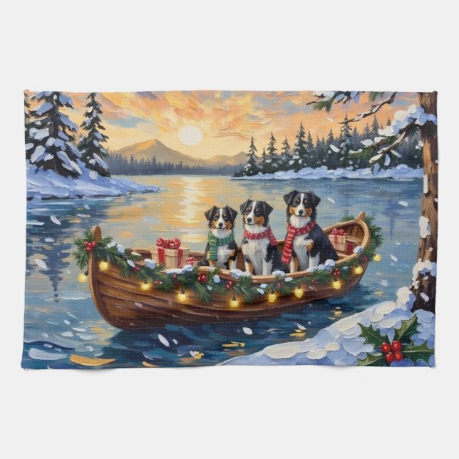Australian Shepherd Christmas Boat Holiday Kökshandduk (Horisontell)