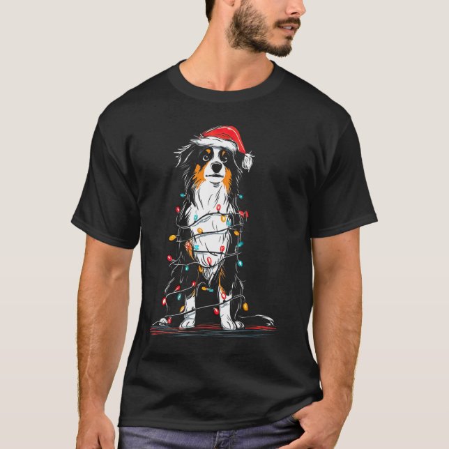 Australian Shepherd Christmas Graphics Dog Lights  T Shirt (Framsida)