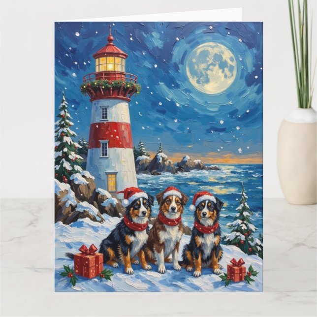Australian Shepherd Christmas Lighthouse Holiday Kort (Framsida)