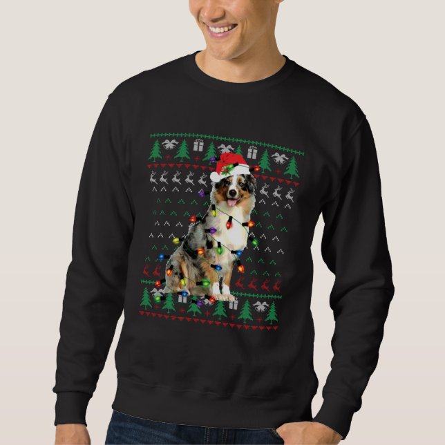 Australian Shepherd Christmas Lights Ugly Sweater  Lång Ärmad Tröja (Framsida)