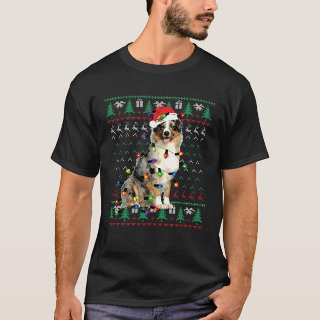 Australian Shepherd Christmas Lights Ugly Sweater  T Shirt (Framsida)