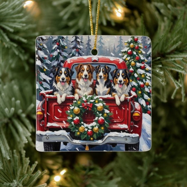Australian Shepherd Christmas Red Truck Holiday Julgransprydnad Keramik (Träd)
