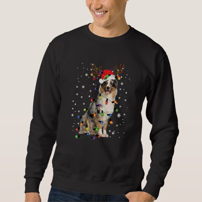 Australian Shepherd Christmas Reindeer Santa Hat P Lång Ärmad Tröja (Framsida)
