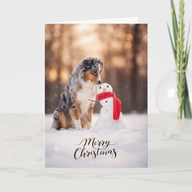 Australian Shepherd Christmas Snowman Helgkort (Framsida)