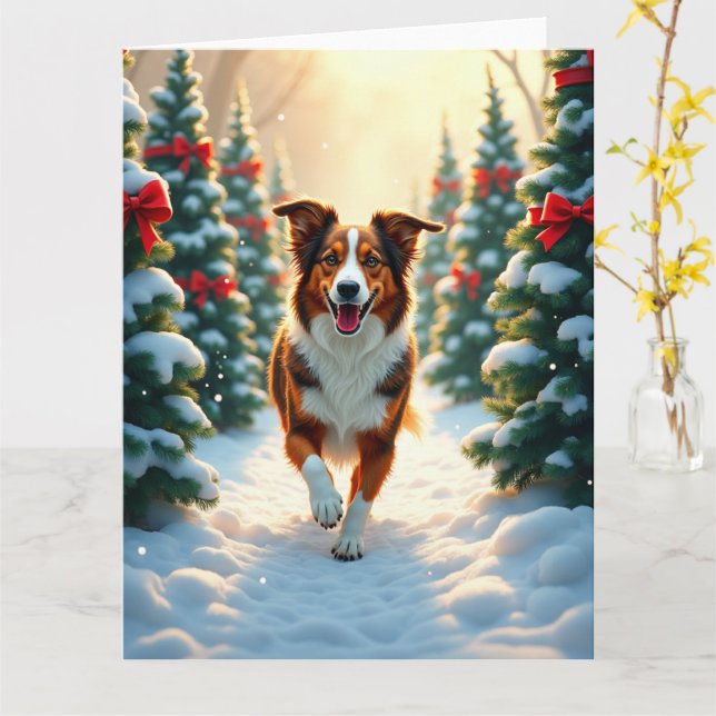 Australian Shepherd Christmas Tree Farm Painting Kort (Gul blomma)