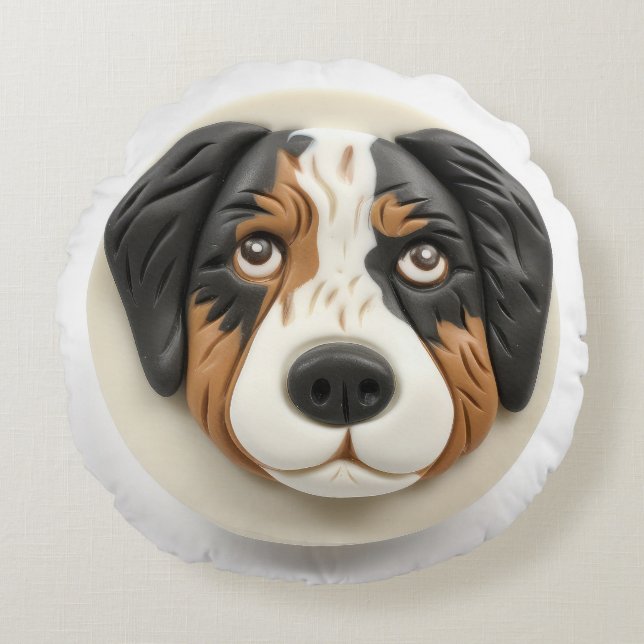 Australian Shepherd Dog 3D Inspirerad Rund Kudde (Framsidan)