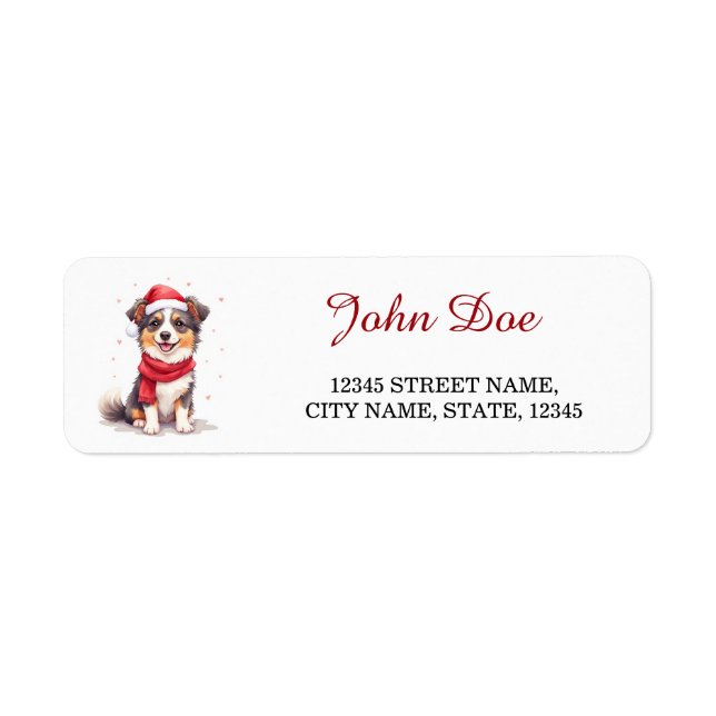 Australian Shepherd Dog in Santa Hat Christmas Returadress Etikett (Framsidan)