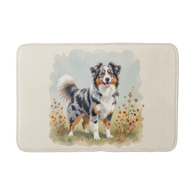 Australian Shepherd Dog Merle Lång Svans Badrumsmatta (Framsidan)