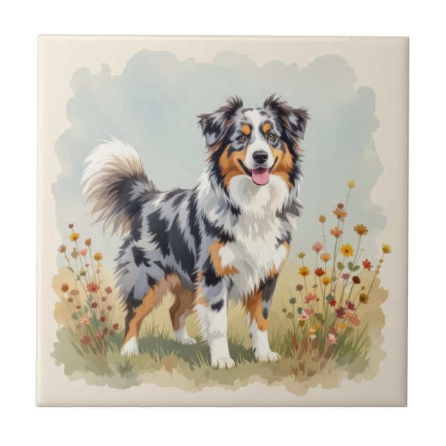 Australian Shepherd Dog Merle Lång Svans Kakelplatta (Framsidan)