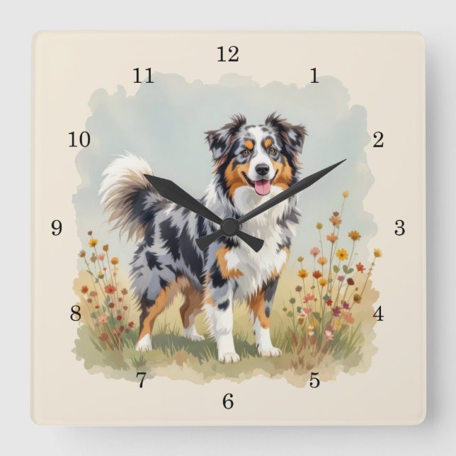 Australian Shepherd Dog Merle Long Tail Fyrkantig Klocka (Framsida)
