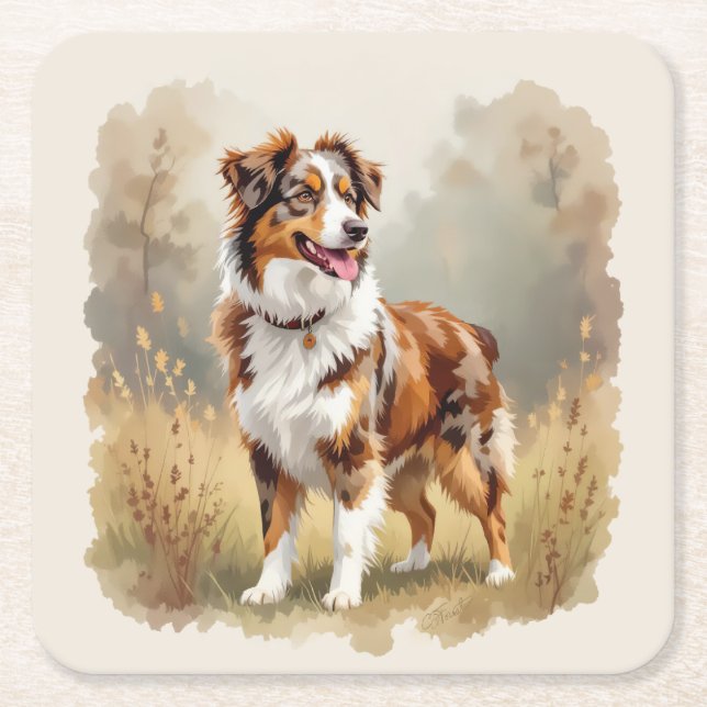 Australian Shepherd Dog Red Merle Aussie Underlägg Papper Kvadrat (Framsidan)