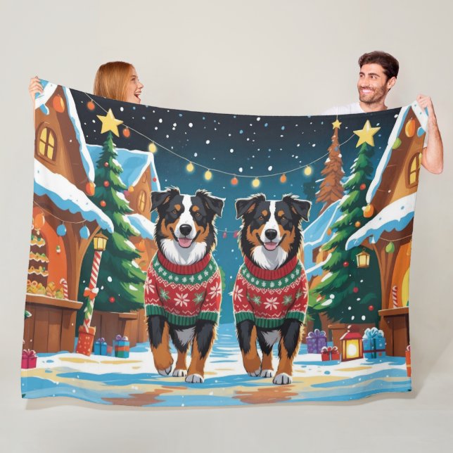 Australian Shepherd Dogs Christmas Snow Holiday Fleecefilt (På plats)