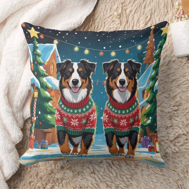 Australian Shepherd Dogs Christmas Snow Holiday Kudde (Filt)