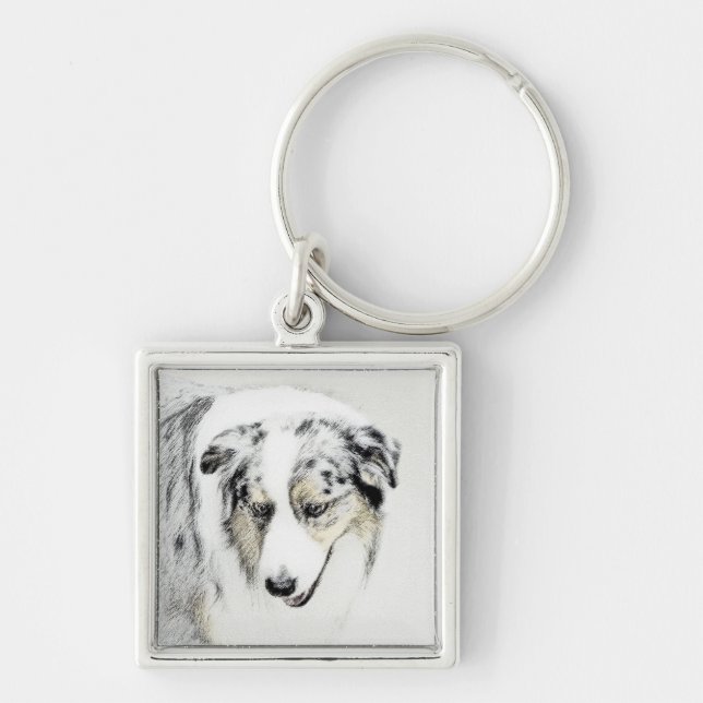Australian shepherd-färg - originalbild av Hund Fyrkantig Silverfärgad Nyckelring (Framsidan)