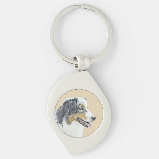 Australian shepherd-färg - originalbild av Hund Swirl Silverfärgad Nyckelring (Framsidan)