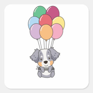 Australian shepherd flyger med färgstarka ballonge fyrkantigt klistermärke