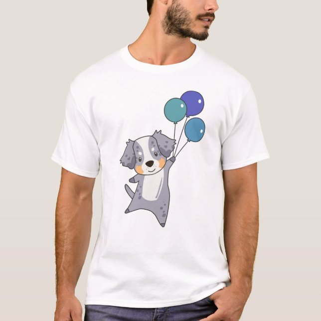 Australian shepherd flyger upp med ballonger t shirt (Framsida)