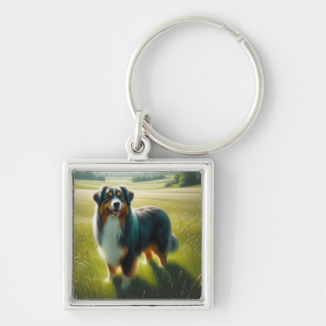 Australian Shepherd Fyrkantig Silverfärgad Nyckelring (Framsidan)