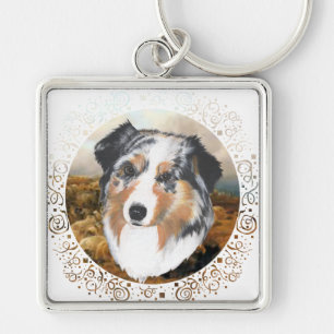 Australian Shepherd Fyrkantig Silverfärgad Nyckelring
