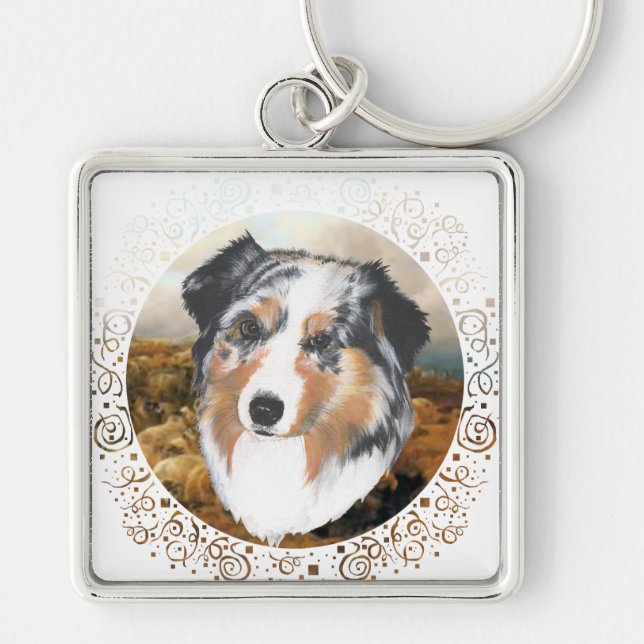 Australian shepherd fyrkantig silverfärgad nyckelring (Framsidan)