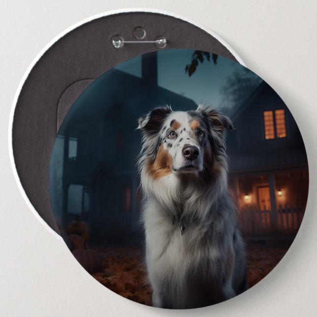 Australian shepherd Halloween Scary Knapp (Framsida & baksida)
