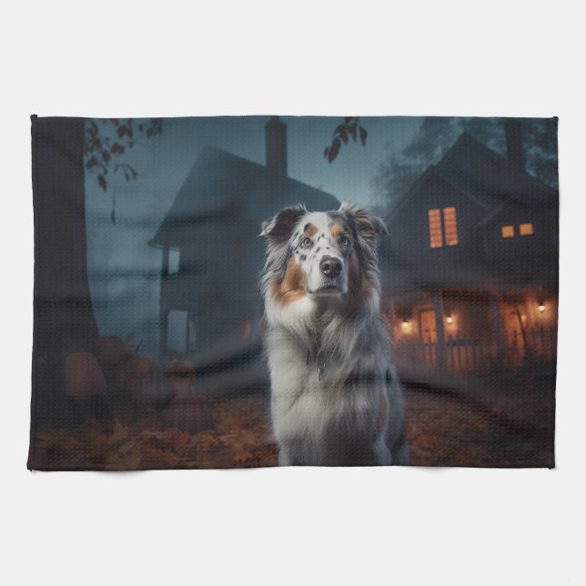Australian Shepherd Halloween Skräckinjagande Kökshandduk (Horisontell)