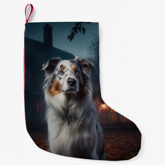 Australian Shepherd Halloween Skräckinjagande Liten Julstrumpa (Framsidan)
